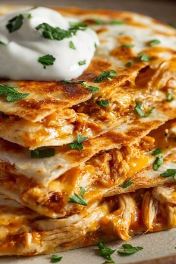 Chicken Quesadilla Recipe with golden crispy tortillas, melted cheese, shredded chicken, and a dollop of sour cream on top — a comforting and flavorful weeknight dinner idea.